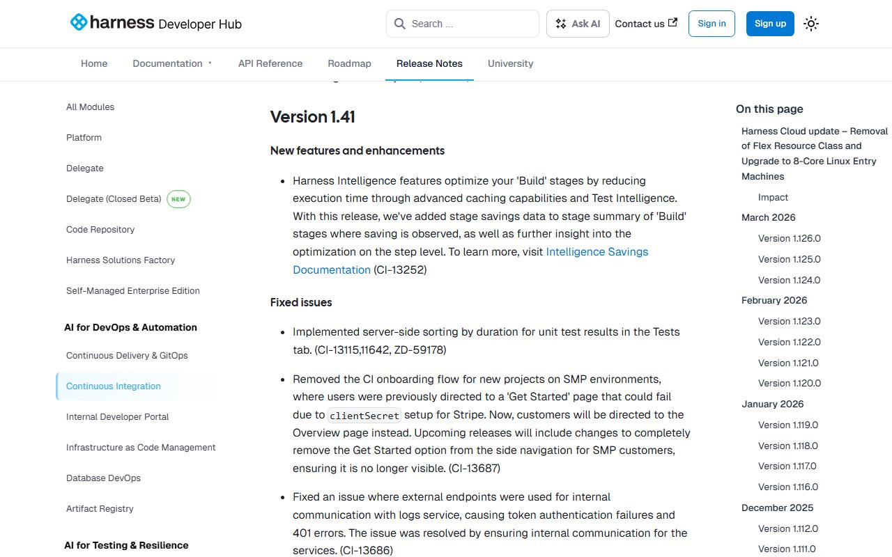 Screenshot of Harness CI Release Notes