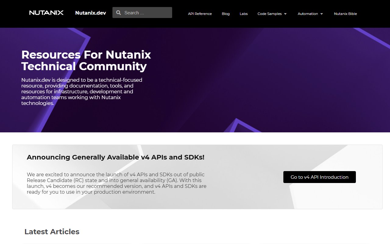 Screenshot of Nutanix.dev — Developer Portal